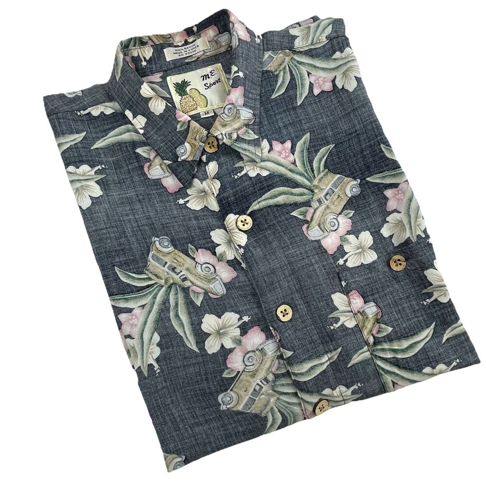 M.E Sport Men’s Hawaiian Floral Shirt Blue Pink Cars Vacation Beach-M